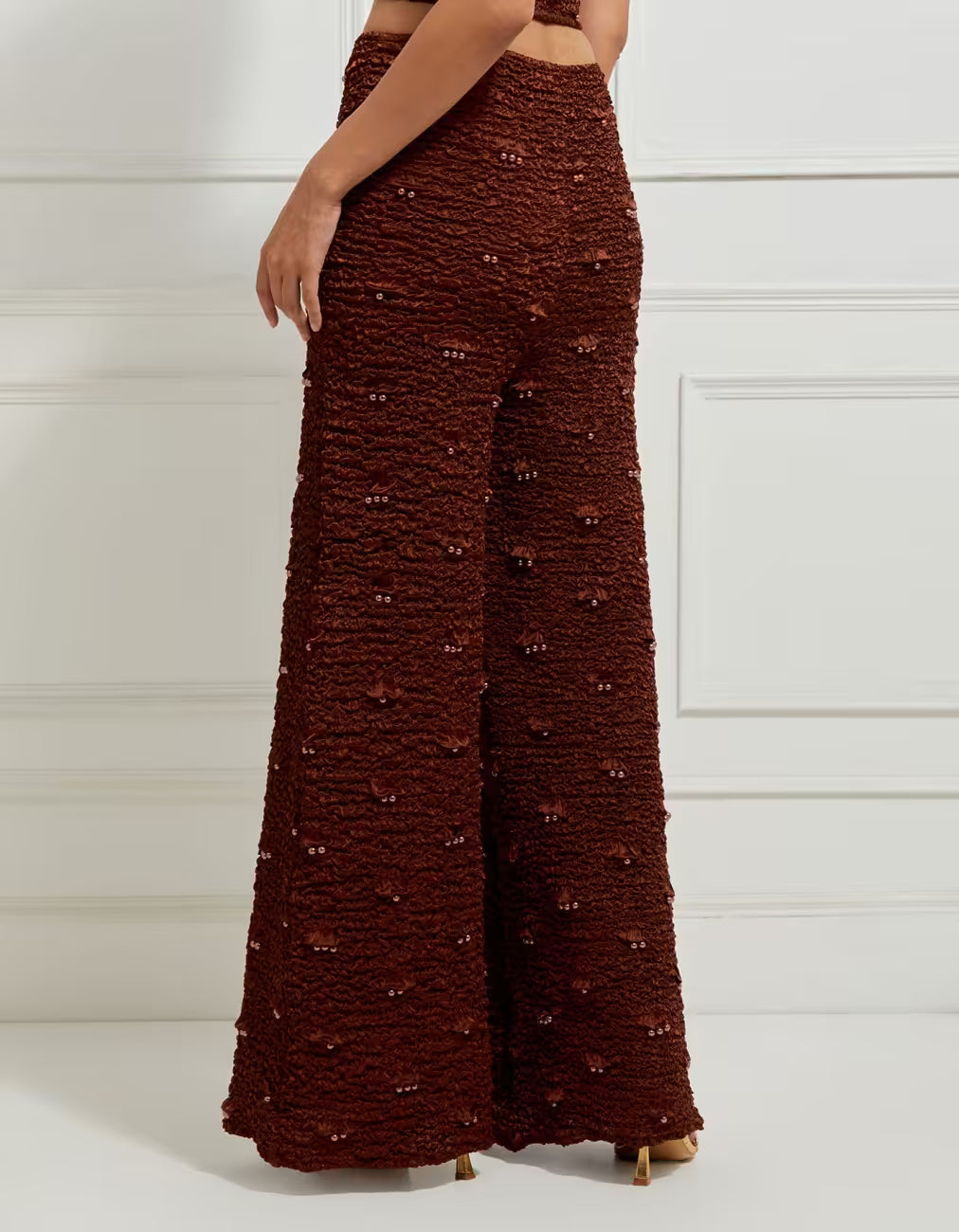Wide-Leg Smocked Satin Pants In Brown