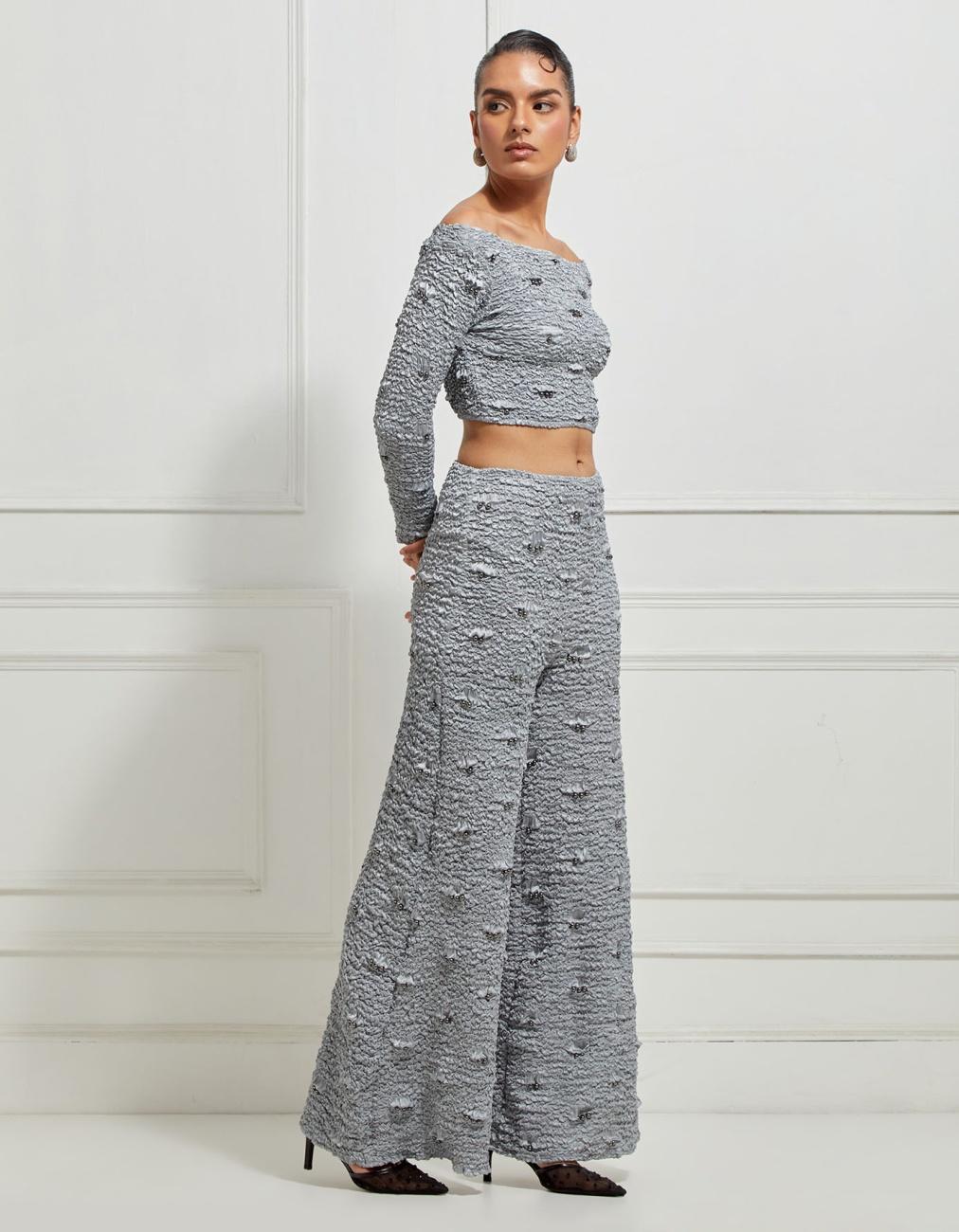 Wide-Leg Smocked Satin Pants In Silver