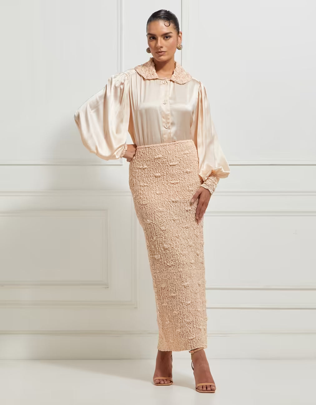 Wave Smocked Pencil Skirt In Beige
