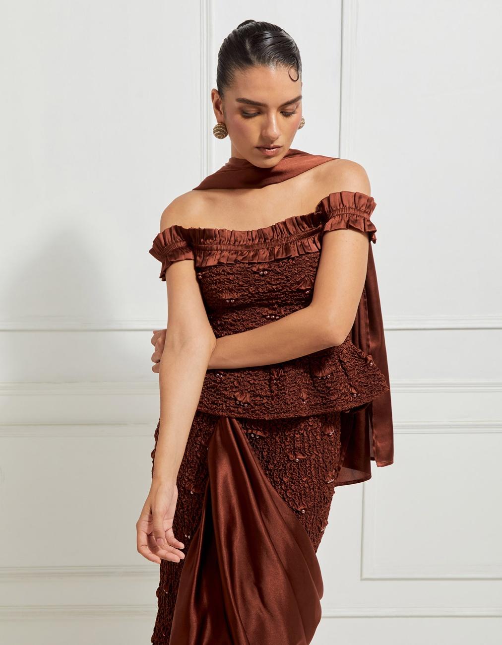 Smocked Skirt Concept Sari In Brown