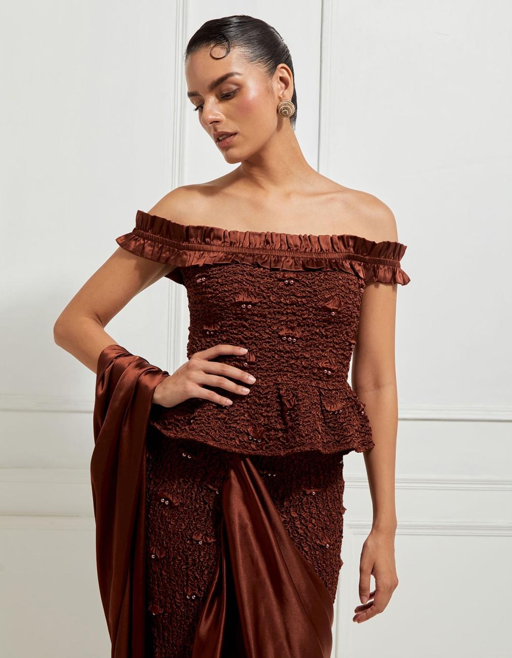 Smocked Skirt Concept Sari In Brown