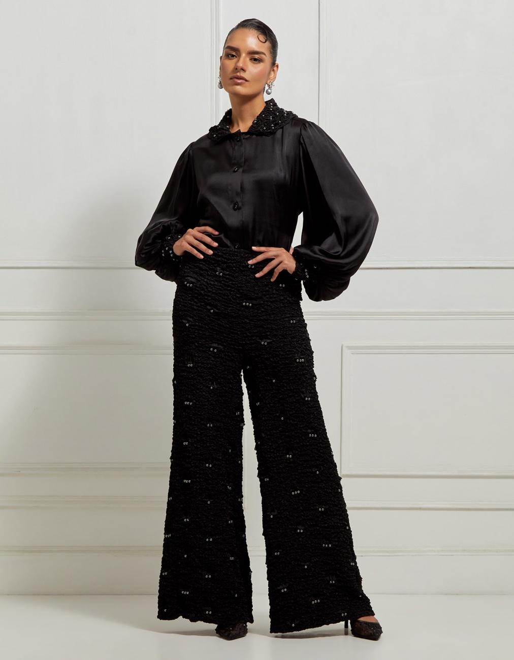 Signature Hex Collar Top With Bishop Sleeves In Black