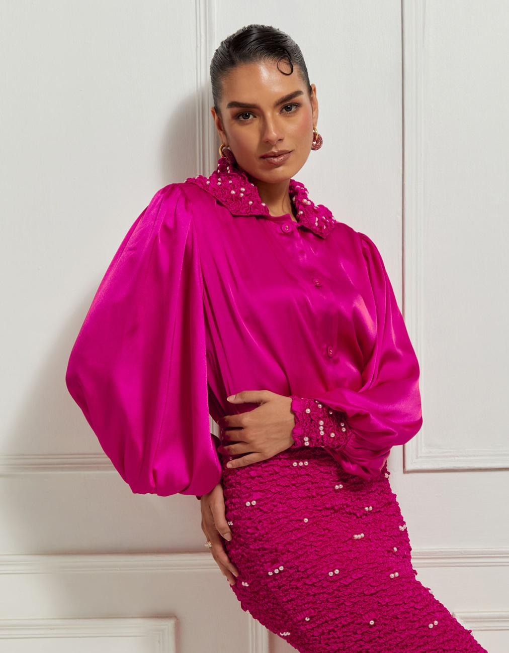 Signature Hex Collar Top With Bishop Sleeves In Pink