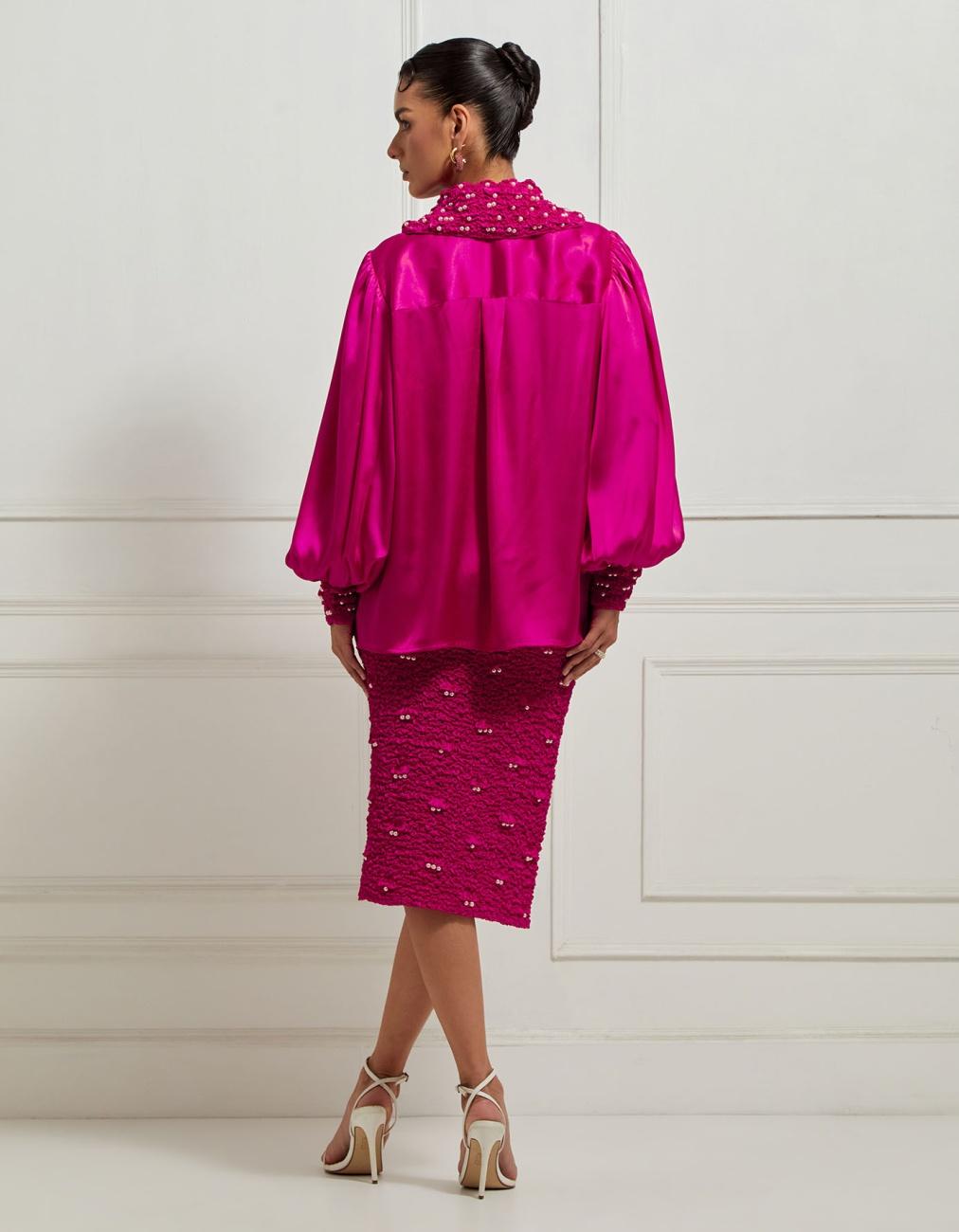 Signature Hex Collar Top With Bishop Sleeves In Pink