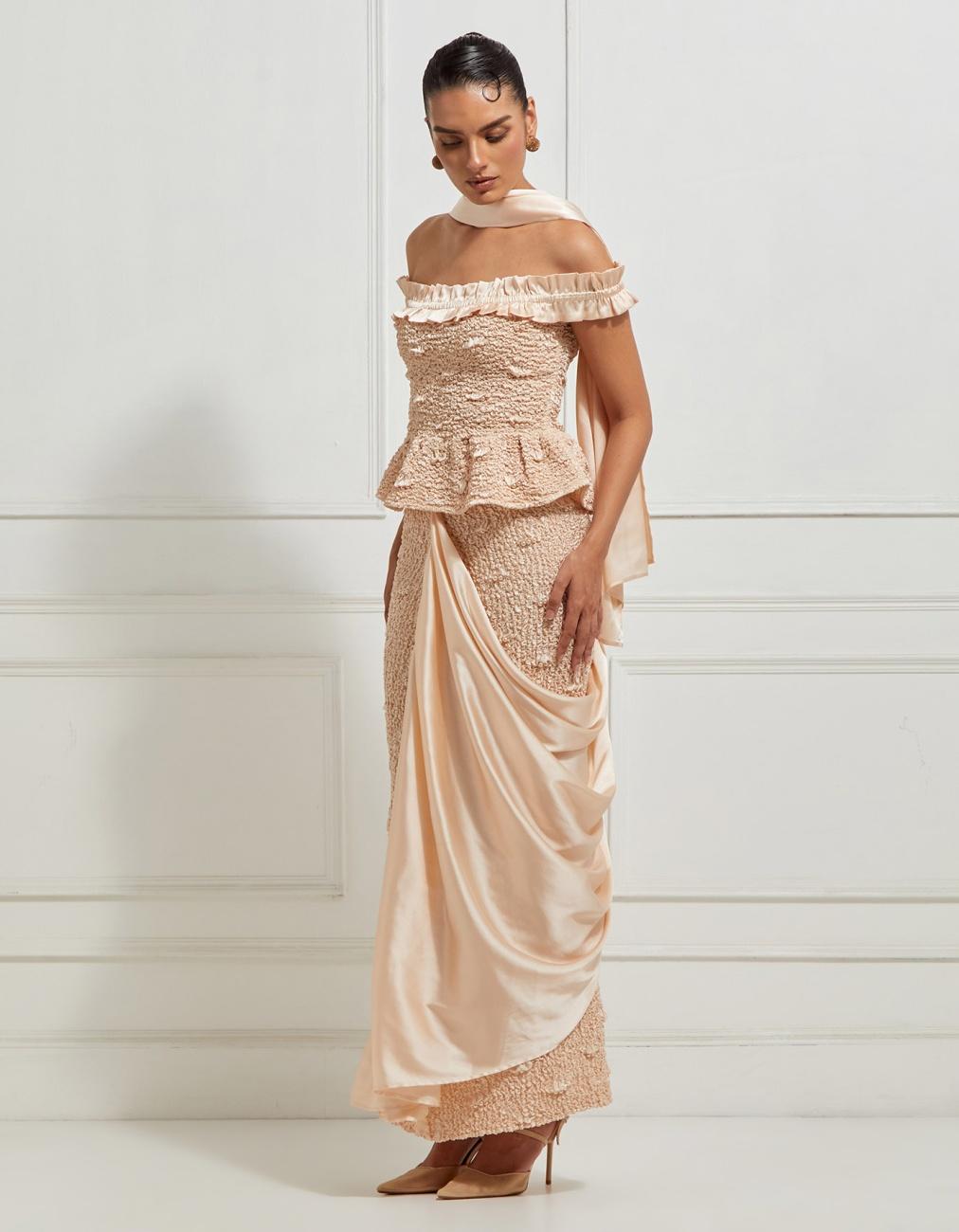 Off-Shoulder Ruffled Peplum Top In Beige