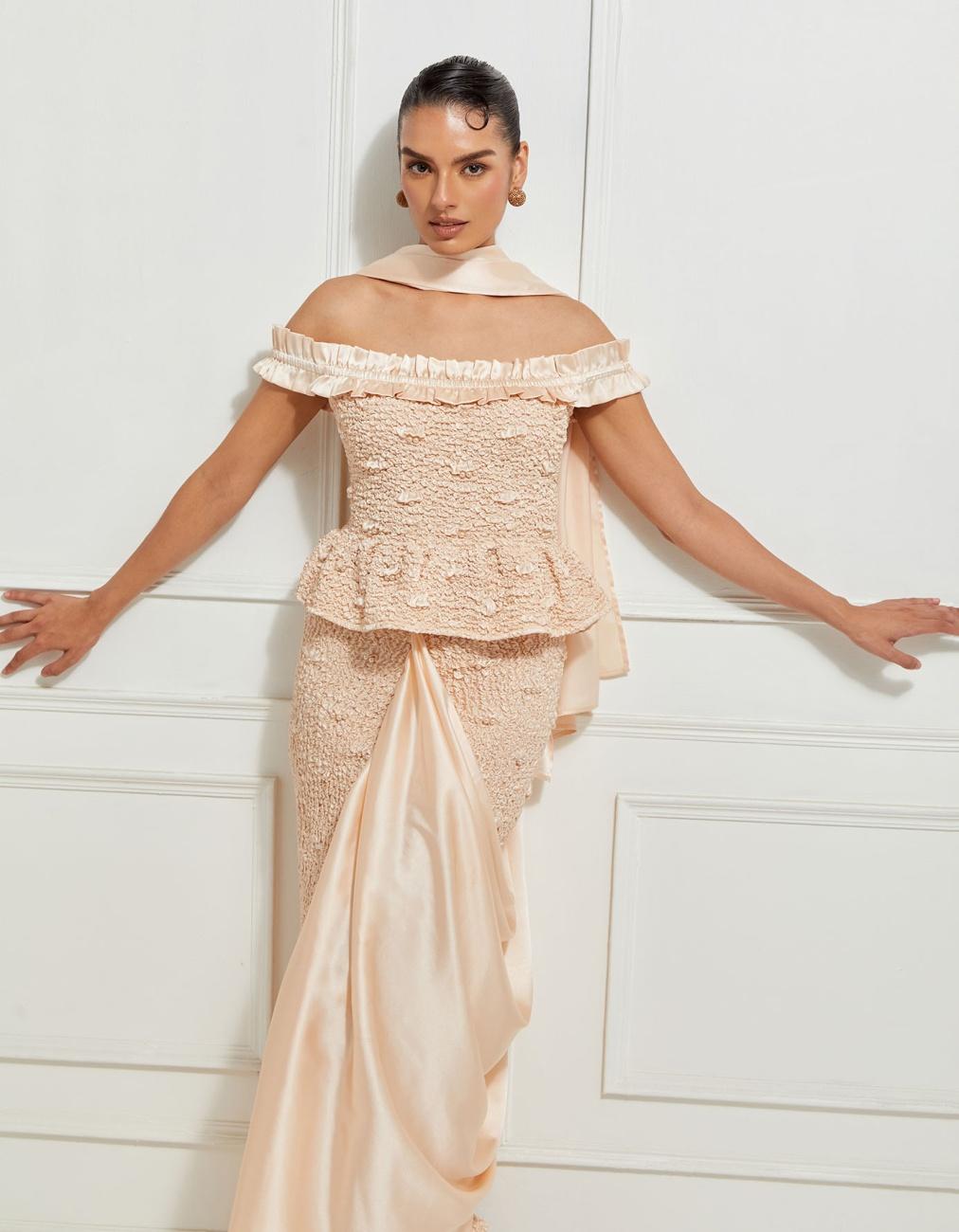 Off-Shoulder Ruffled Peplum Top In Beige