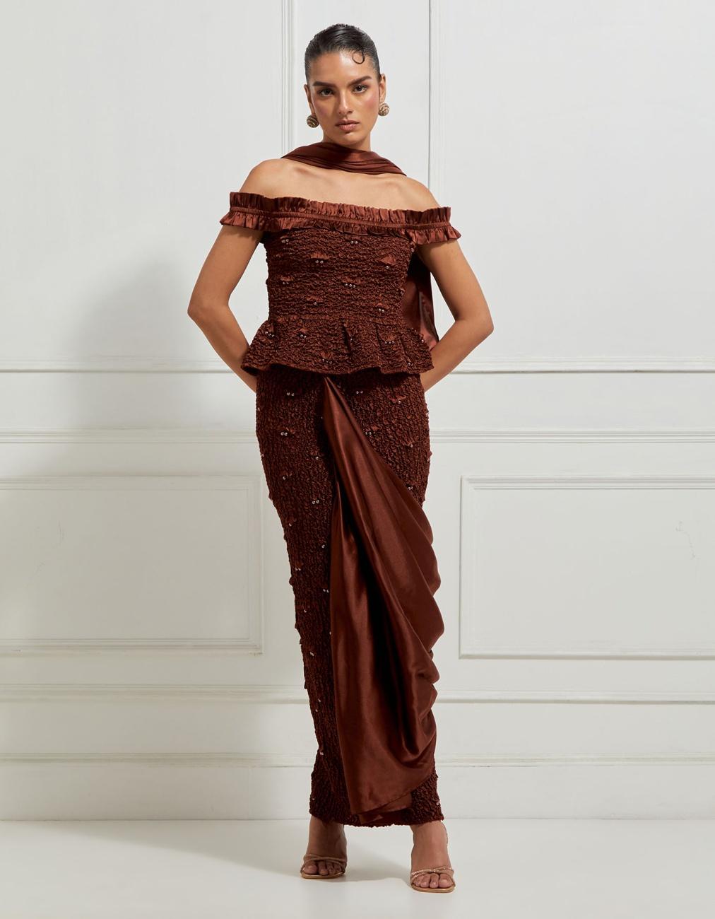 Off-Shoulder Ruffled Peplum Top In Brown