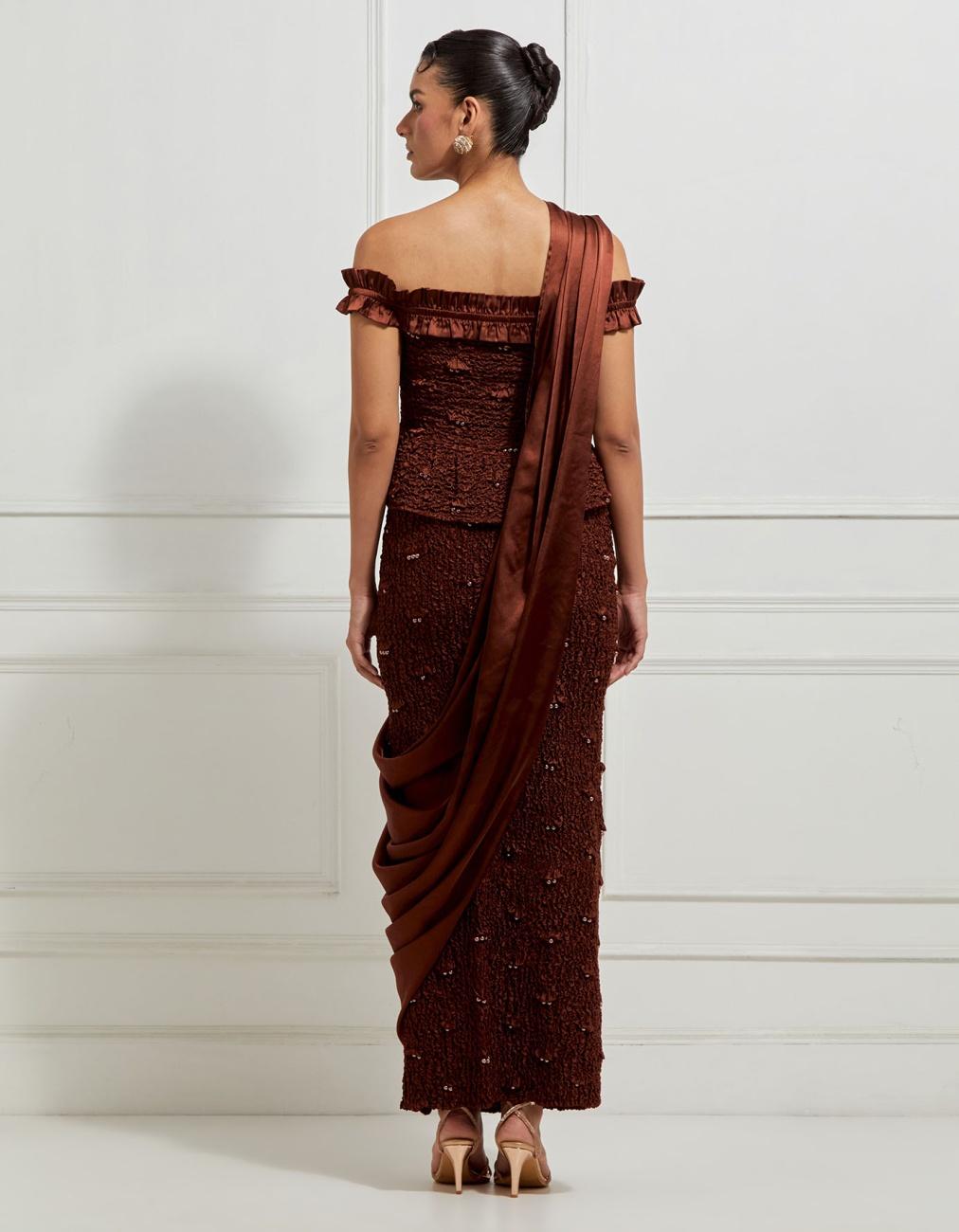 Off-Shoulder Ruffled Peplum Top In Brown