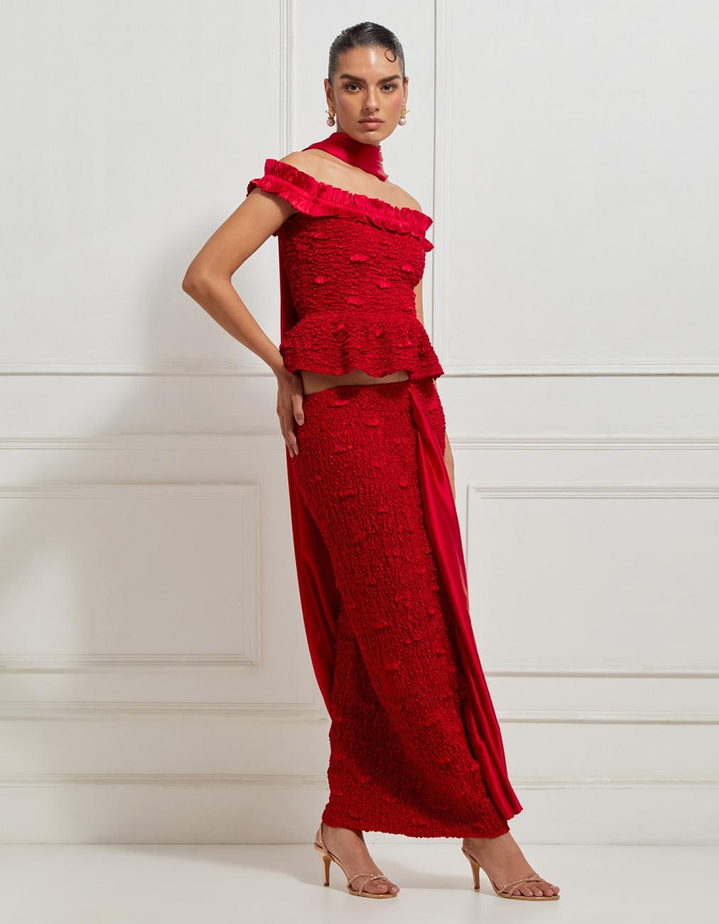 Off-Shoulder Ruffled Peplum Top In Red