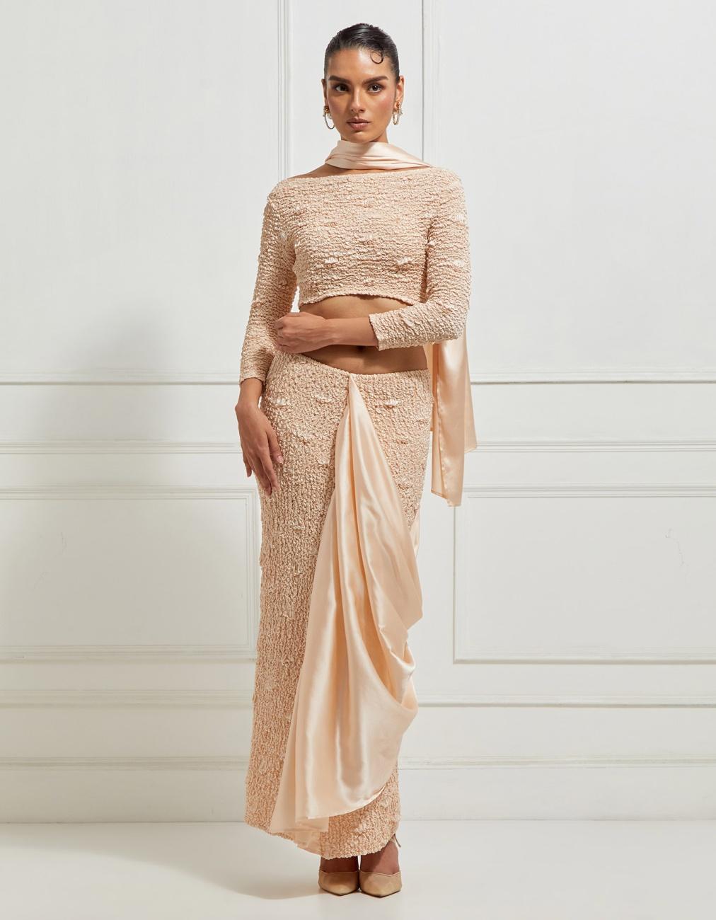 Smocked Skirt Concept Sari In Beige