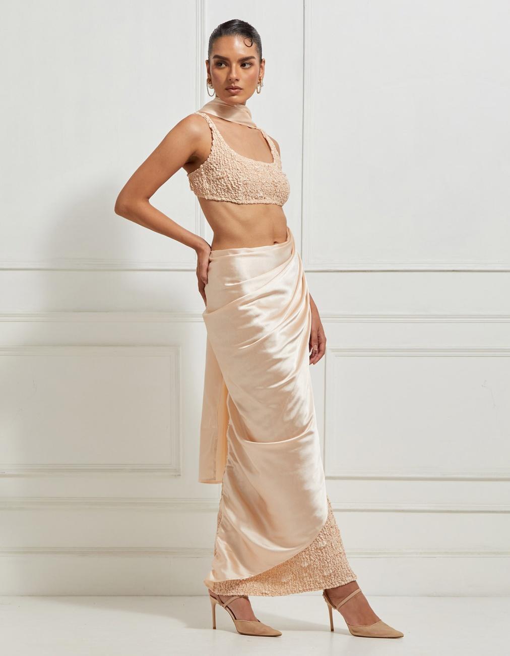 Smocked Skirt Concept Sari In Beige