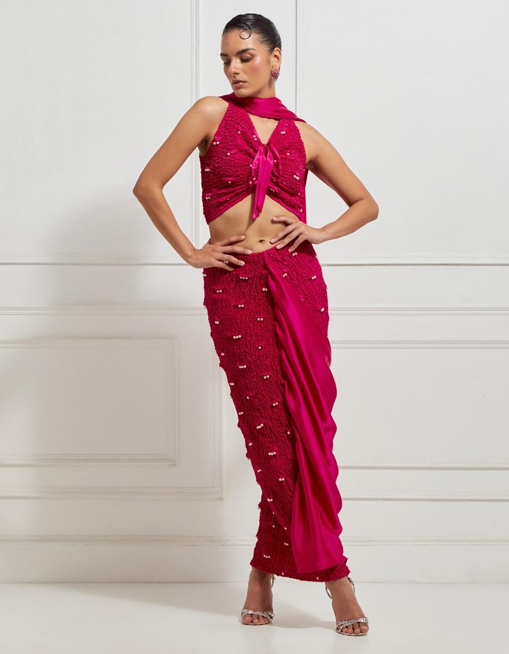 Smocked Skirt Concept Sari In Pink
