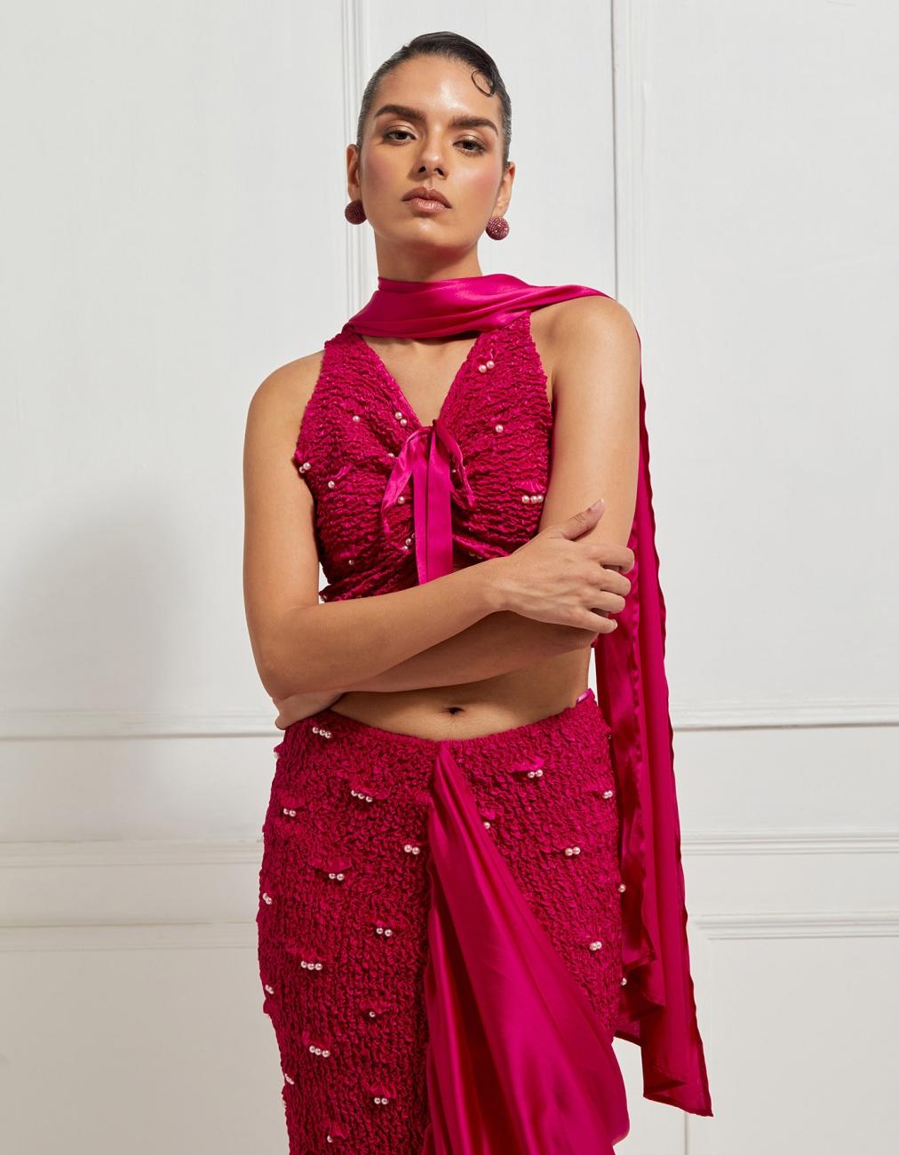 Smocked Skirt Concept Sari In Pink